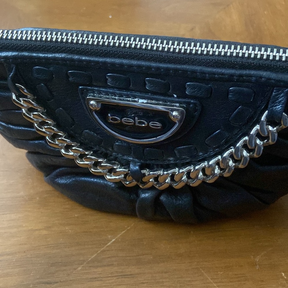 BEBE Black Leather Halfmoon Zipped Wristlet Wallet Clutch Pouch Chain Accent